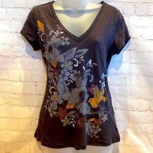 Express Charcoal Gray V-Neck Tee with Gold, Silver and Cream Flower Design